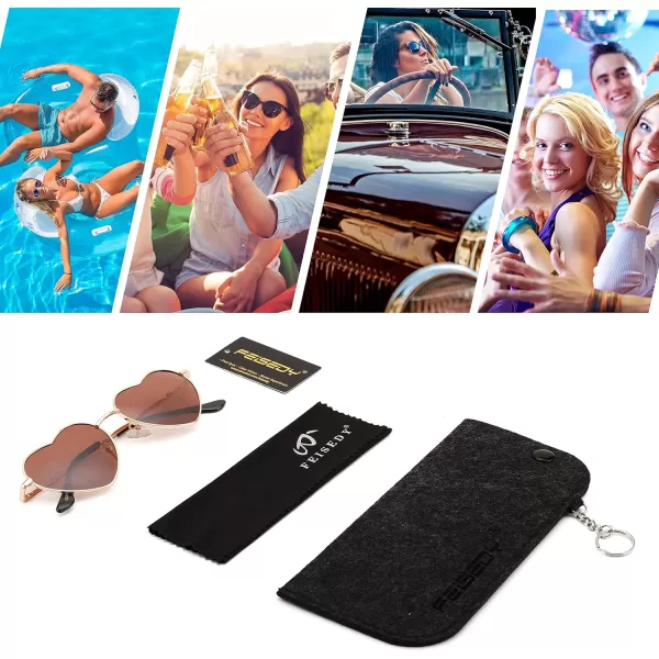FEISEDY Polarized Heart Sunglasses Women Men Metal Frame Cute Lovely Glasses UV400 Protection B2375004 Gold FrameBrown Lens