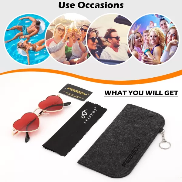 FEISEDY Polarized Heart Sunglasses Women Men Metal Frame Cute Lovely Glasses UV400 Protection B2375008 Gold FrameRed Lens