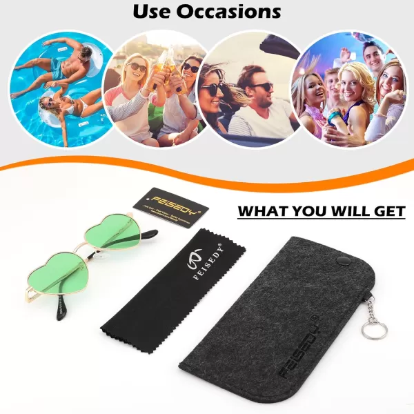 FEISEDY Polarized Heart Sunglasses Women Men Metal Frame Cute Lovely Glasses UV400 Protection B2375009 Gold FrameGreen Lens
