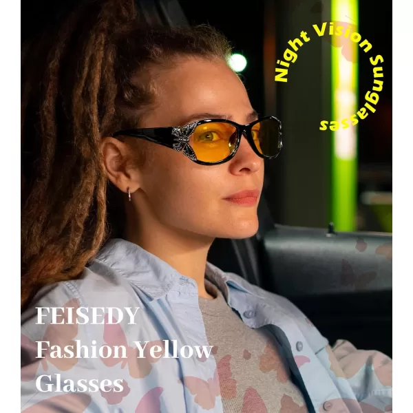 FEISEDY Polarized Night Vision Glasses for Women Yellow Lens Anti Glare Safety Driving UV Protection B0103Black
