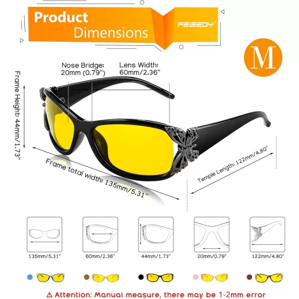 FEISEDY Polarized Night Vision Glasses for Women Yellow Lens Anti Glare Safety Driving UV Protection B0103Black