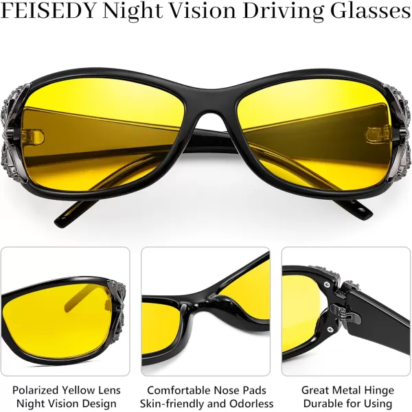 FEISEDY Polarized Night Vision Glasses for Women Yellow Lens Anti Glare Safety Driving UV Protection B0103Black