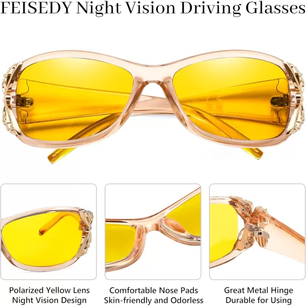 FEISEDY Polarized Night Vision Glasses for Women Yellow Lens Anti Glare Safety Driving UV Protection B0103Champagne