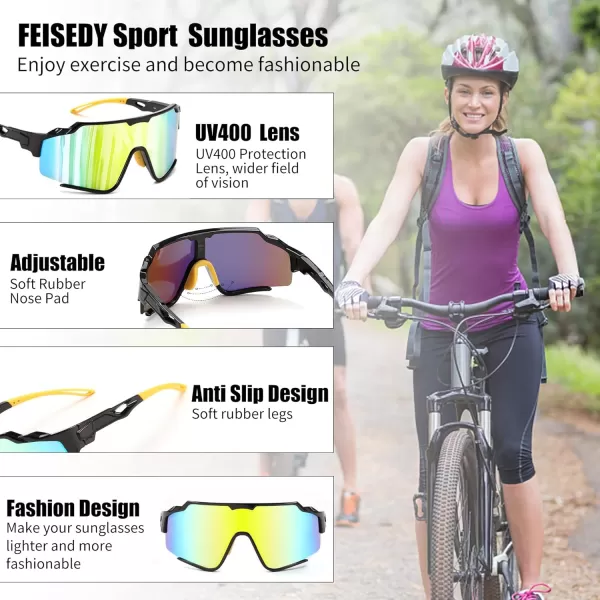 FEISEDY Polarized Sports Sunglasses for Men Women Baseball Cycling Fishing Sunglasses UV400 Protection B0134Black Frame Gold Mirrored Lens
