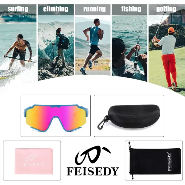FEISEDY Polarized Sports Sunglasses for Men Women Baseball Cycling Fishing Sunglasses UV400 Protection B0134Blue Frame Purple Mirrored Lens