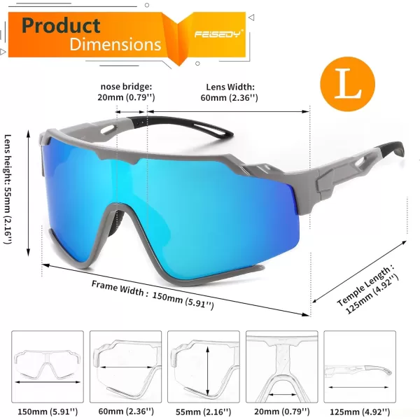 FEISEDY Polarized Sports Sunglasses for Men Women Baseball Cycling Fishing Sunglasses UV400 Protection B0134Grey Frame Light Blue Mirrored Lens