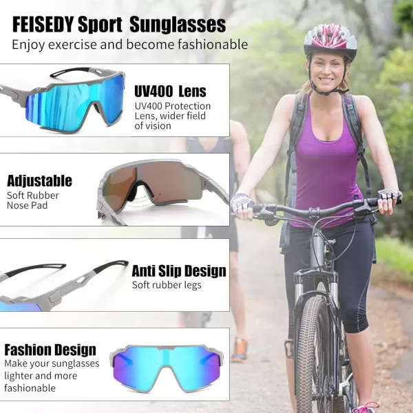 FEISEDY Polarized Sports Sunglasses for Men Women Baseball Cycling Fishing Sunglasses UV400 Protection B0134Grey Frame Light Blue Mirrored Lens