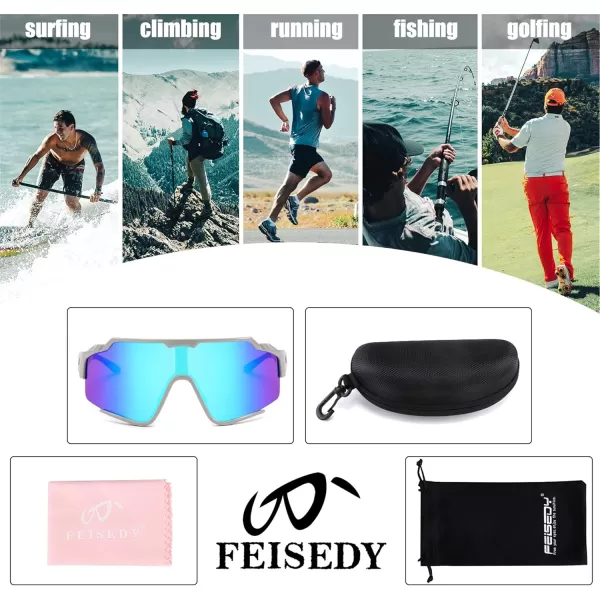 FEISEDY Polarized Sports Sunglasses for Men Women Baseball Cycling Fishing Sunglasses UV400 Protection B0134Grey Frame Light Blue Mirrored Lens