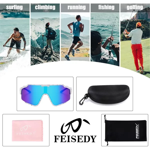 FEISEDY Polarized Sports Sunglasses for Men Women Baseball Cycling Fishing Sunglasses UV400 Protection B0134White Frame Blue Mirrored Lens