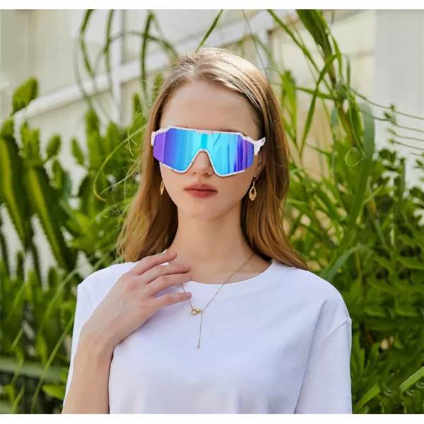 FEISEDY Polarized Sports Sunglasses for Men Women Baseball Cycling Fishing Sunglasses UV400 Protection B0134White Frame Blue Mirrored Lens