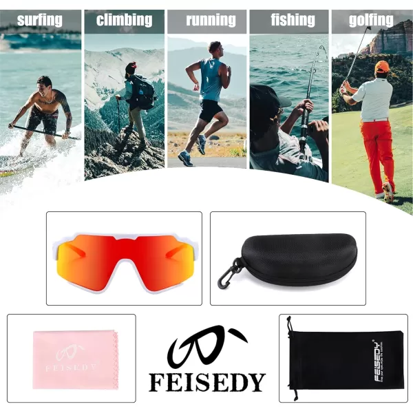 FEISEDY Polarized Sports Sunglasses for Men Women Baseball Cycling Fishing Sunglasses UV400 Protection B0134White Frame Red Mirrored Lens