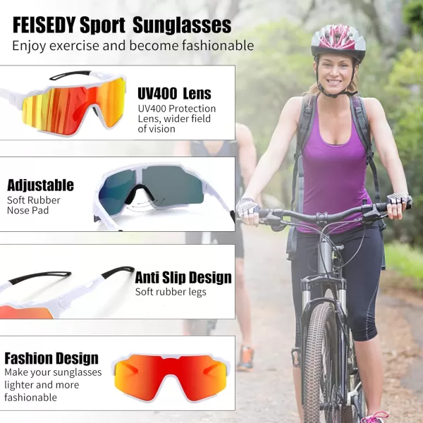 FEISEDY Polarized Sports Sunglasses for Men Women Baseball Cycling Fishing Sunglasses UV400 Protection B0134White Frame Red Mirrored Lens