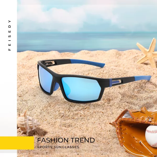 FEISEDY Polarized Sports Sunglasses for Men Women Youth Baseball Cycling Running Glasses UV400 Protection B0135Black Frame  Blue Mirror Lens
