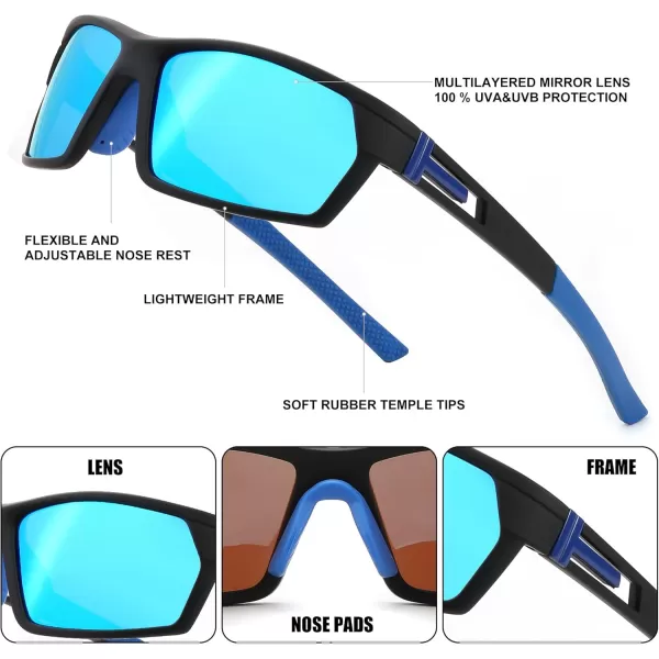FEISEDY Polarized Sports Sunglasses for Men Women Youth Baseball Cycling Running Glasses UV400 Protection B0135Black Frame  Blue Mirror Lens