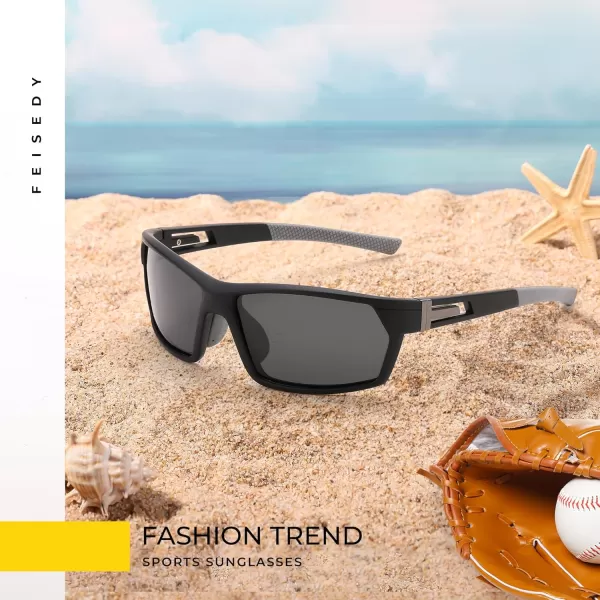 FEISEDY Polarized Sports Sunglasses for Men Women Youth Baseball Cycling Running Glasses UV400 Protection B0135Black Frame  Grey Lens