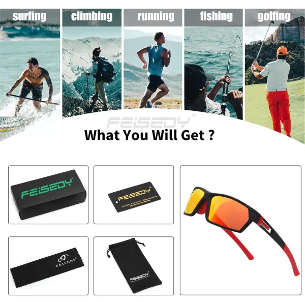 FEISEDY Polarized Sports Sunglasses for Men Women Youth Baseball Cycling Running Glasses UV400 Protection B0135Black Frame  Red Mirror Lens