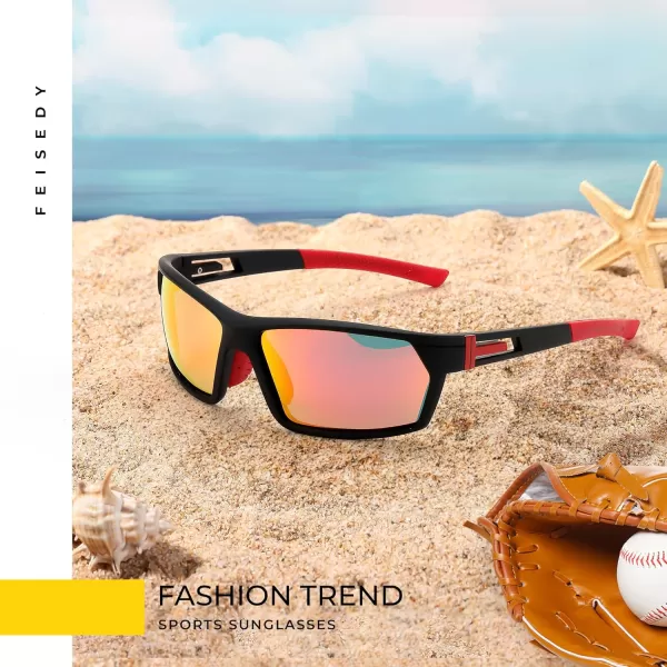 FEISEDY Polarized Sports Sunglasses for Men Women Youth Baseball Cycling Running Glasses UV400 Protection B0135Black Frame  Red Mirror Lens