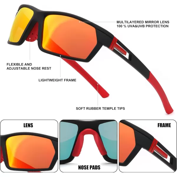 FEISEDY Polarized Sports Sunglasses for Men Women Youth Baseball Cycling Running Glasses UV400 Protection B0135Black Frame  Red Mirror Lens