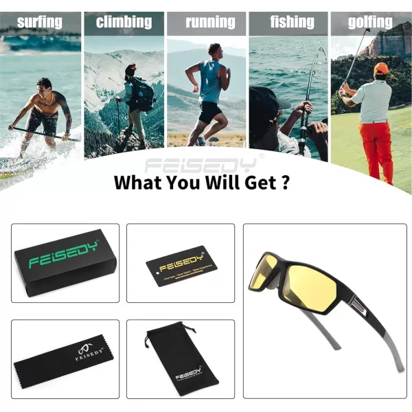 FEISEDY Polarized Sports Sunglasses for Men Women Youth Baseball Cycling Running Glasses UV400 Protection B0135Black Frame  Yellow Lens