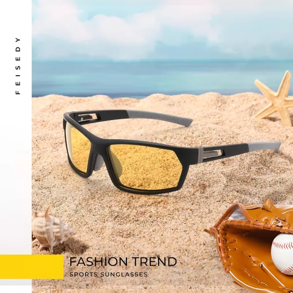 FEISEDY Polarized Sports Sunglasses for Men Women Youth Baseball Cycling Running Glasses UV400 Protection B0135Black Frame  Yellow Lens