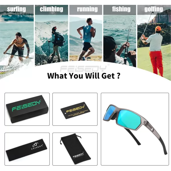 FEISEDY Polarized Sports Sunglasses for Men Women Youth Baseball Cycling Running Glasses UV400 Protection B0135Grey Frame  Green Mirror Lens