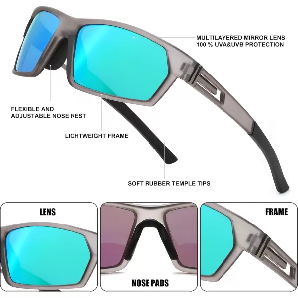 FEISEDY Polarized Sports Sunglasses for Men Women Youth Baseball Cycling Running Glasses UV400 Protection B0135Grey Frame  Green Mirror Lens