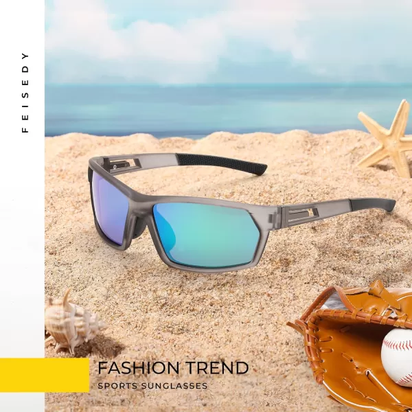 FEISEDY Polarized Sports Sunglasses for Men Women Youth Baseball Cycling Running Glasses UV400 Protection B0135Grey Frame  Green Mirror Lens