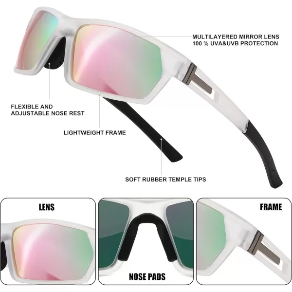 FEISEDY Polarized Sports Sunglasses for Men Women Youth Baseball Cycling Running Glasses UV400 Protection B0135Transparent Frame  Pink Mirror Lens