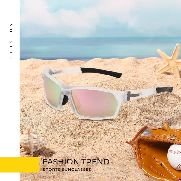 FEISEDY Polarized Sports Sunglasses for Men Women Youth Baseball Cycling Running Glasses UV400 Protection B0135Transparent Frame  Pink Mirror Lens