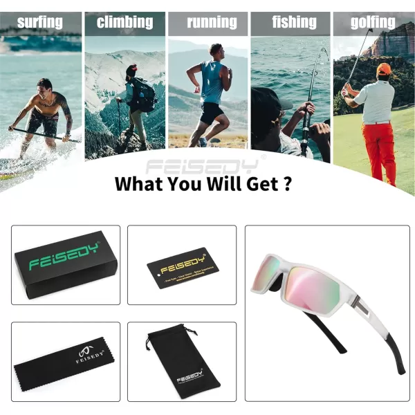 FEISEDY Polarized Sports Sunglasses for Men Women Youth Baseball Cycling Running Glasses UV400 Protection B0135Transparent Frame  Pink Mirror Lens