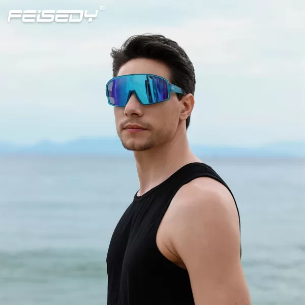 FEISEDY Polarized Sports Sunglasses for Men Women Youth Cycling Glasses Baseball Softball Sunglasses B2368Blue Frame Blue Mirror Lens