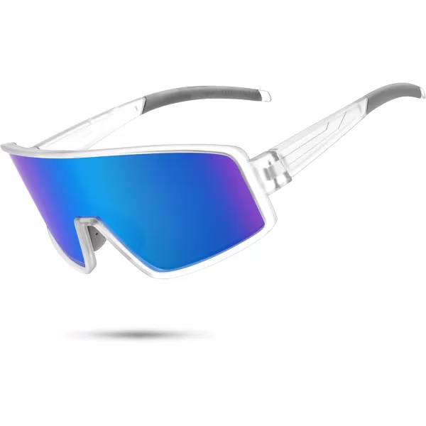 FEISEDY Polarized Sports Sunglasses for Men Women Youth Cycling Glasses Baseball Softball Sunglasses B2368Transparent Frame Blue Mirror Lens