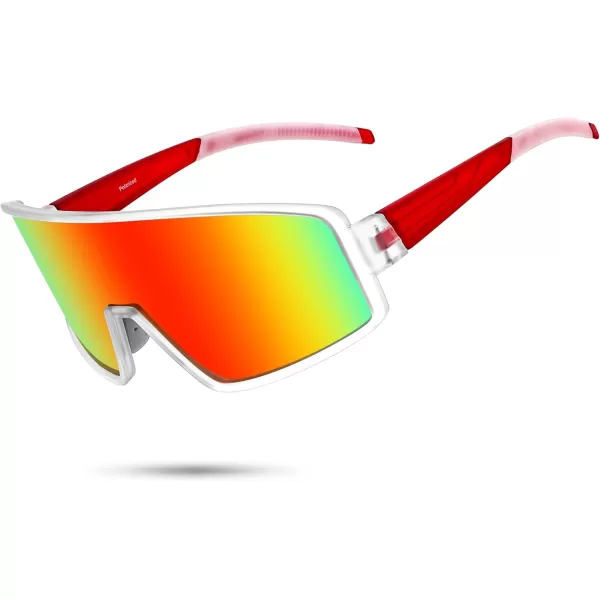 FEISEDY Polarized Sports Sunglasses for Men Women Youth Cycling Glasses Baseball Softball Sunglasses B2368Transparent Frame Red Mirror Lens