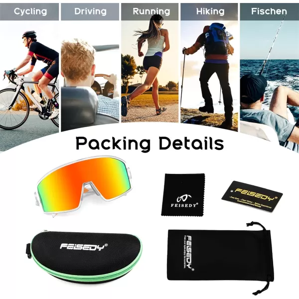 FEISEDY Polarized Sports Sunglasses for Men Women Youth Cycling Glasses Baseball Softball Sunglasses B2368Transparent Frame Yellow Mirror Lens