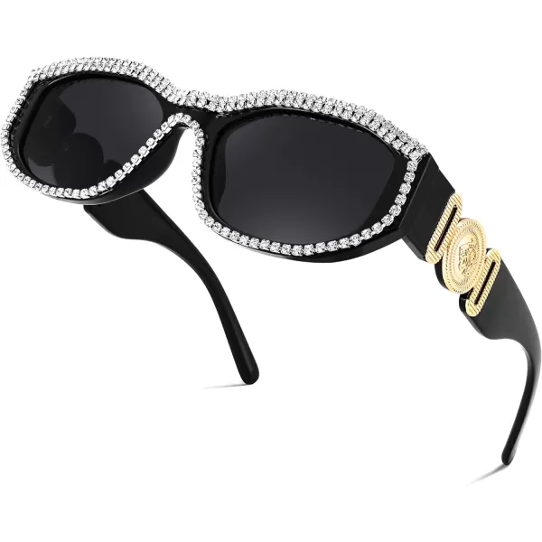 FEISEDY Rectangle Rhinestone Sunglasses for Women Men Bling Jeweled Retro Square Sunglasses 90s Vintage Shades B0091BlackRhinestone