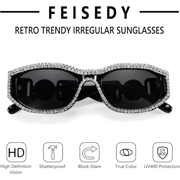FEISEDY Rectangle Rhinestone Sunglasses for Women Men Bling Jeweled Retro Square Sunglasses 90s Vintage Shades B0091BlackRhinestone