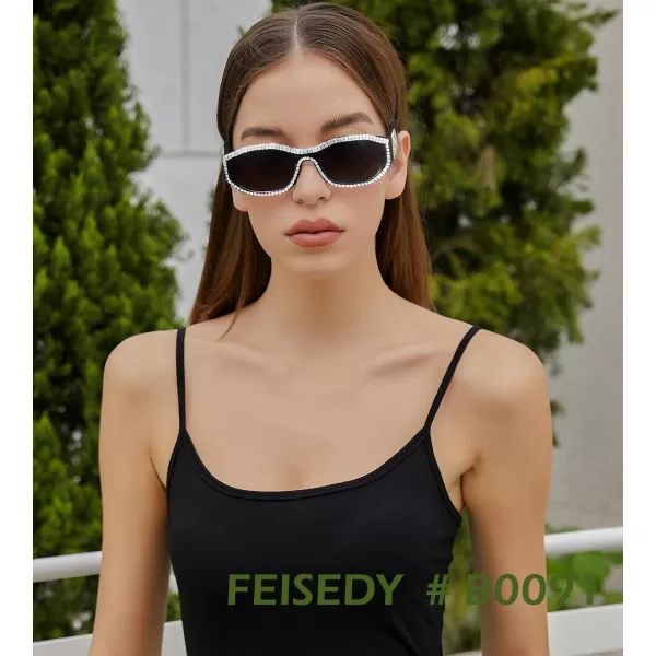FEISEDY Rectangle Rhinestone Sunglasses for Women Men Bling Jeweled Retro Square Sunglasses 90s Vintage Shades B0091BlackRhinestone