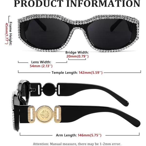 FEISEDY Rectangle Rhinestone Sunglasses for Women Men Bling Jeweled Retro Square Sunglasses 90s Vintage Shades B0091BlackRhinestone