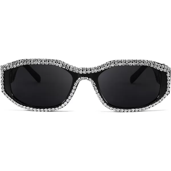 FEISEDY Rectangle Rhinestone Sunglasses for Women Men Bling Jeweled Retro Square Sunglasses 90s Vintage Shades B0091BlackRhinestone