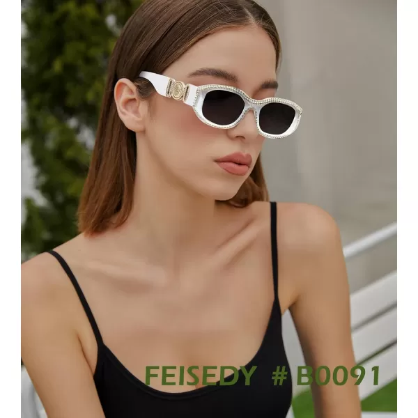 FEISEDY Rectangle Rhinestone Sunglasses for Women Men Bling Jeweled Retro Square Sunglasses 90s Vintage Shades B0091WhiteRhinestone