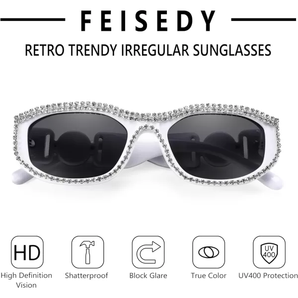 FEISEDY Rectangle Rhinestone Sunglasses for Women Men Bling Jeweled Retro Square Sunglasses 90s Vintage Shades B0091WhiteRhinestone
