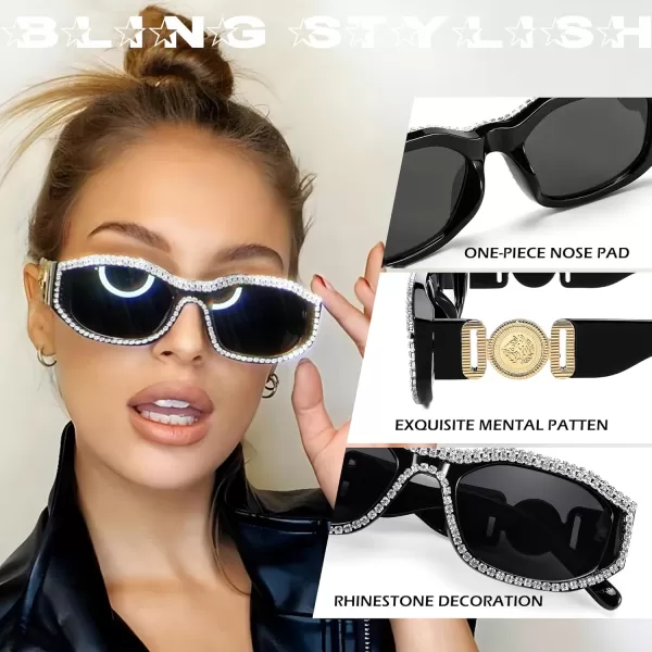 FEISEDY Rectangle Rhinestone Sunglasses for Women Men Bling Jeweled Retro Square Sunglasses 90s Vintage Shades B0091WhiteRhinestone