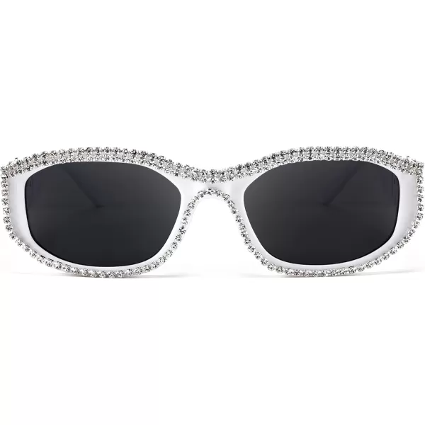 FEISEDY Rectangle Rhinestone Sunglasses for Women Men Bling Jeweled Retro Square Sunglasses 90s Vintage Shades B0091WhiteRhinestone