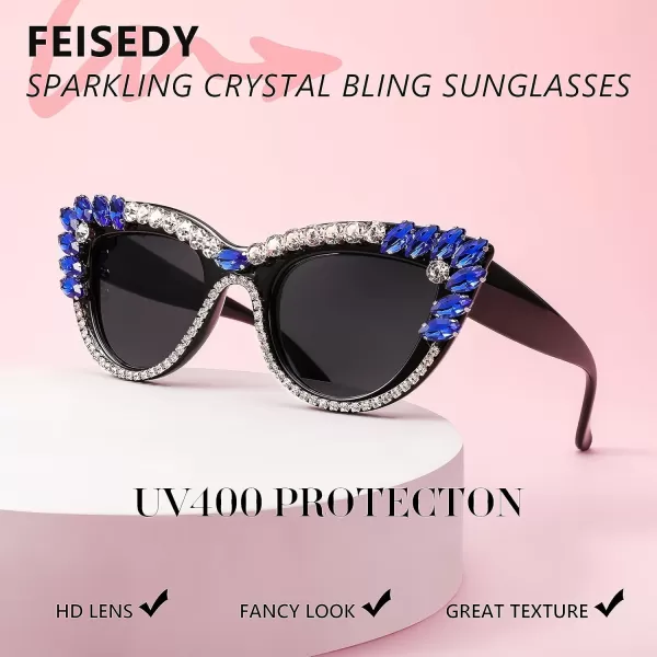 FEISEDY Retro Cat Eye Women Sunglasses Crystal Rhinestone Sparkling Bejewelled Vintage Sunnies B4075Blue