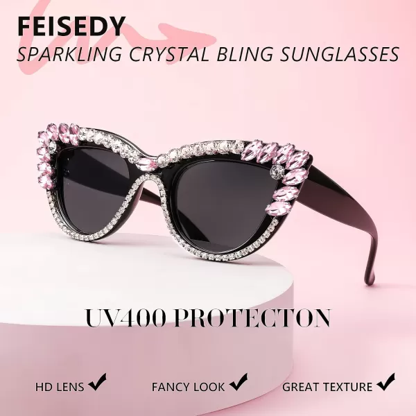 FEISEDY Retro Cat Eye Women Sunglasses Crystal Rhinestone Sparkling Bejewelled Vintage Sunnies B4075Pink