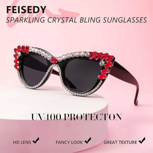 FEISEDY Retro Cat Eye Women Sunglasses Crystal Rhinestone Sparkling Bejewelled Vintage Sunnies B4075Red