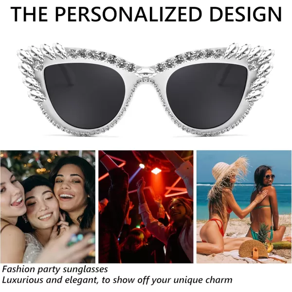 FEISEDY Retro Cat Eye Women Sunglasses Crystal Rhinestone Sparkling Bejewelled Vintage Sunnies B4075White