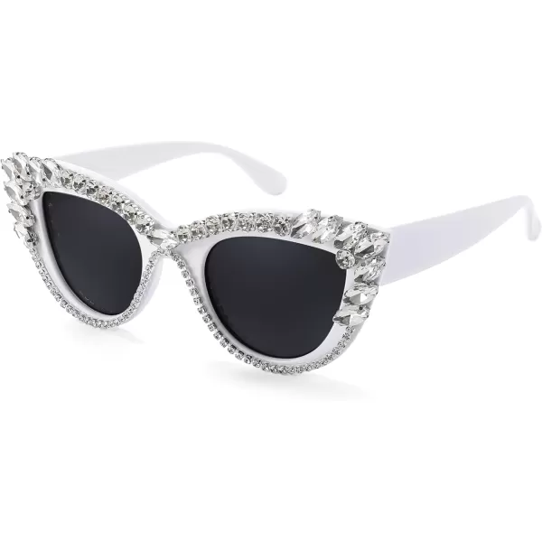 FEISEDY Retro Cat Eye Women Sunglasses Crystal Rhinestone Sparkling Bejewelled Vintage Sunnies B4075White