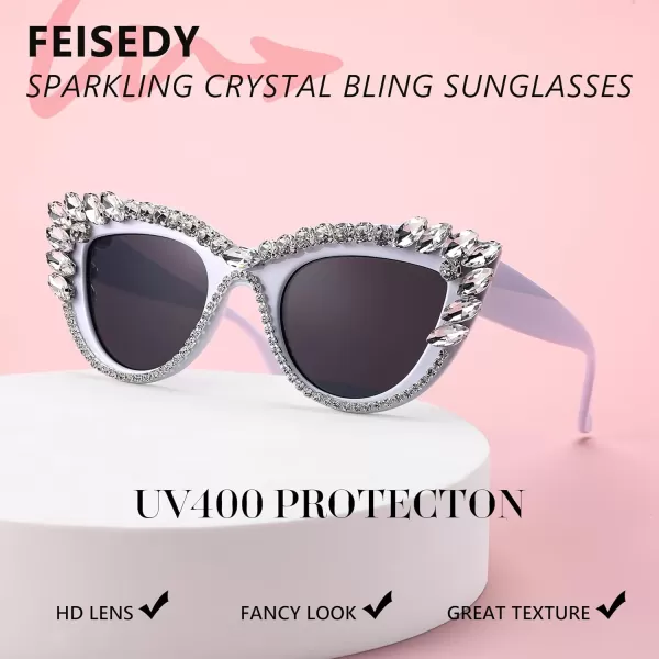 FEISEDY Retro Cat Eye Women Sunglasses Crystal Rhinestone Sparkling Bejewelled Vintage Sunnies B4075White