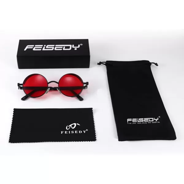 FEISEDY Retro Gothic Steampunk Sunglasses Round Metal Frame Punk Circle Inspired Shade Men B1857BlackRed
